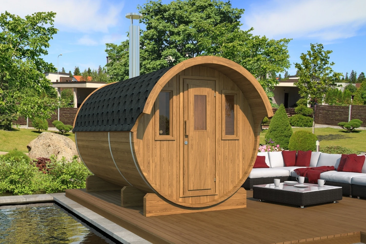 Gardenhouse24 Barrel Sauna 330 With Overhang 3 Gardenhouse24 Barrel Sauna 330 With Overhang